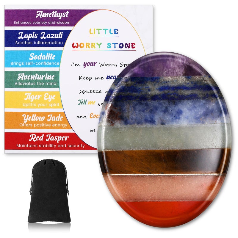 Otuuz Thumb Worry Stone for Stress Anxiety Relief with Crystal Information Card Set 7 Chakra Healing Oval Stone for Meditation and Relief Reiki Balancing